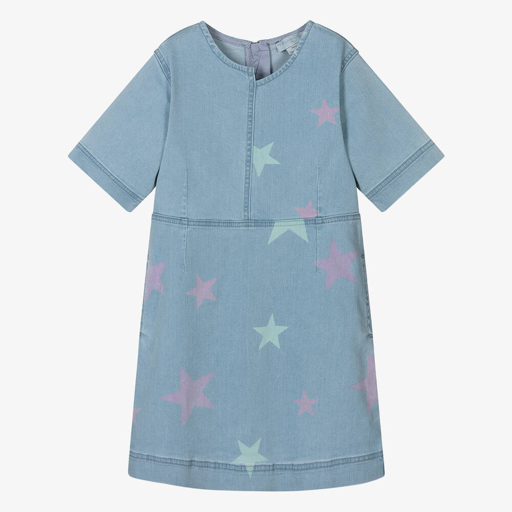 Stella McCartney Kids - فستان بطبعة نجوم قطن دنيم لون أزرق للمراهقات | Childrensalon