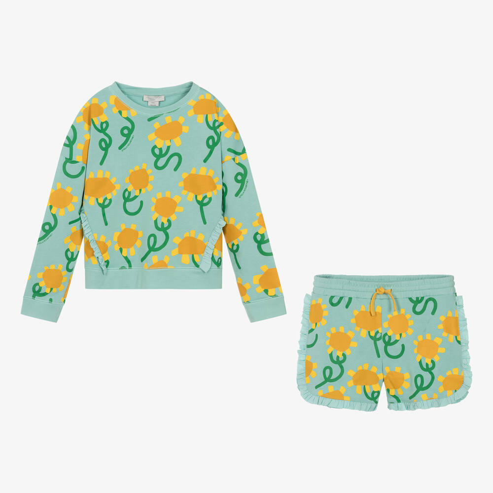 Stella McCartney Kids - Teen Girls Blue Sunflower Print Cotton Shorts Set | Childrensalon