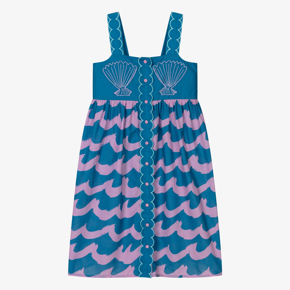 Shop Stella Mccartney Kids Teen Girls Blue Wave Print Cotton Dress