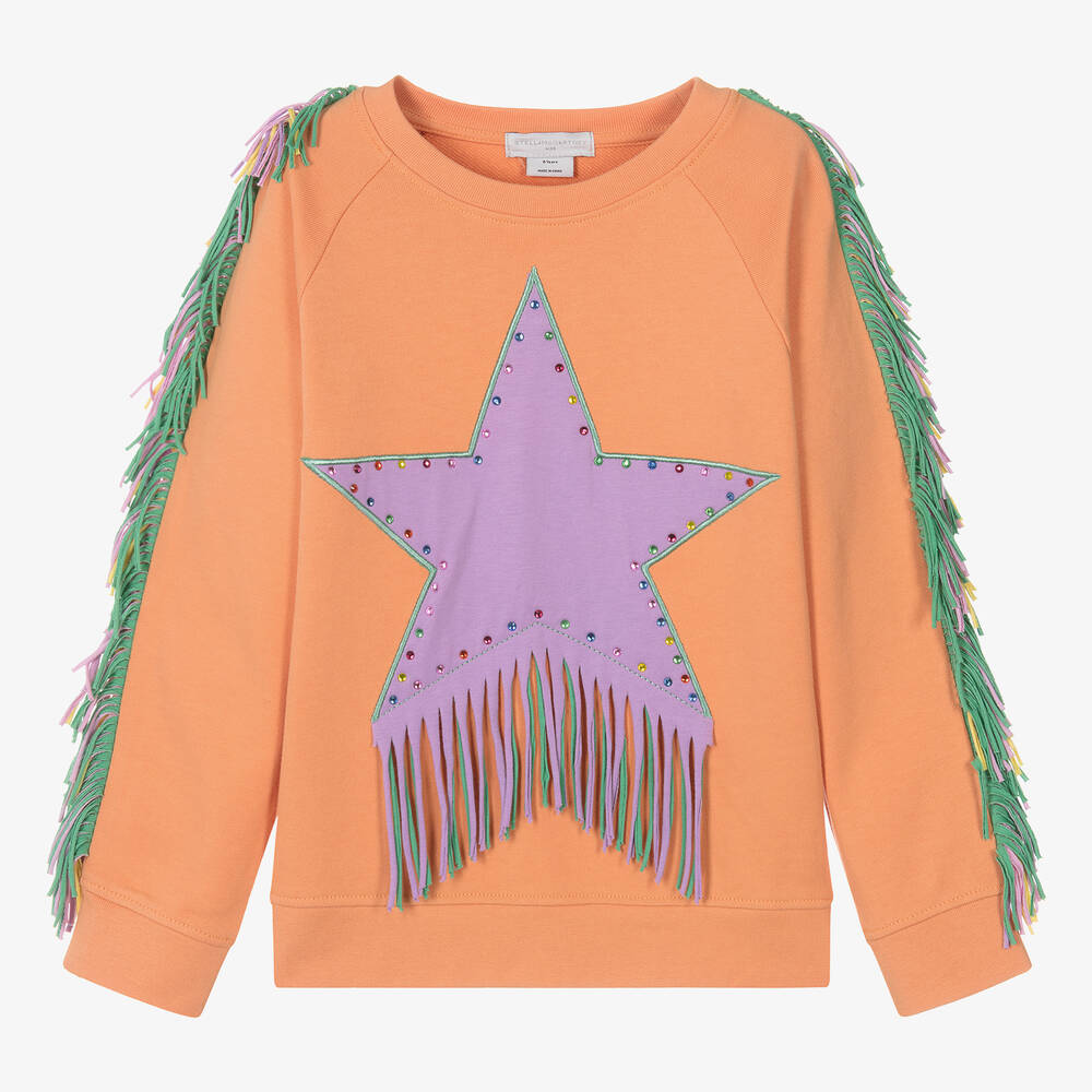 Shop Stella Mccartney Kids Teen Girls Orange Cotton Fringed Sweatshirt
