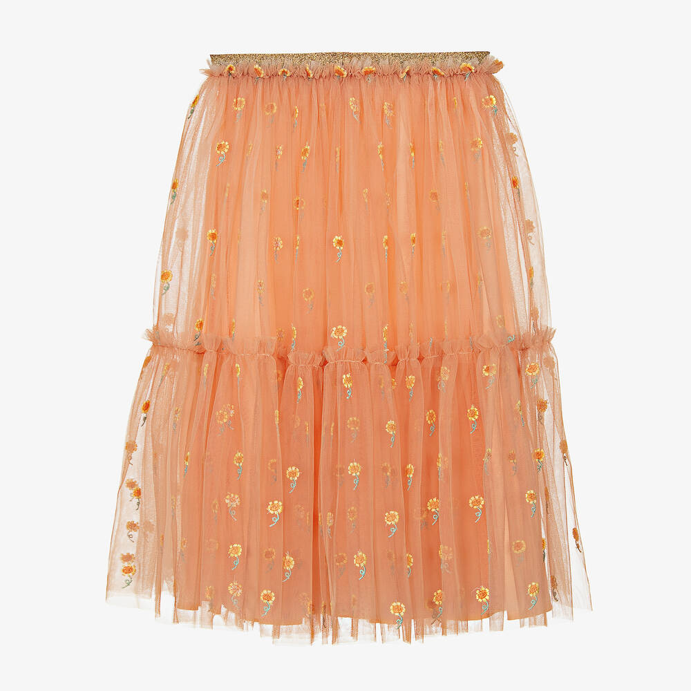 Shop Stella Mccartney Kids Teen Girls Orange Embroidered Tulle Skirt