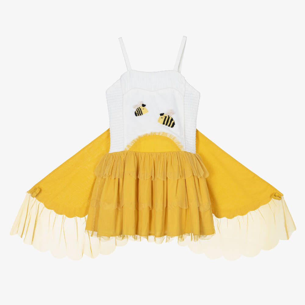 Stella Mccartney Kids Teen Girls White Cotton Bee Dress In Yellow