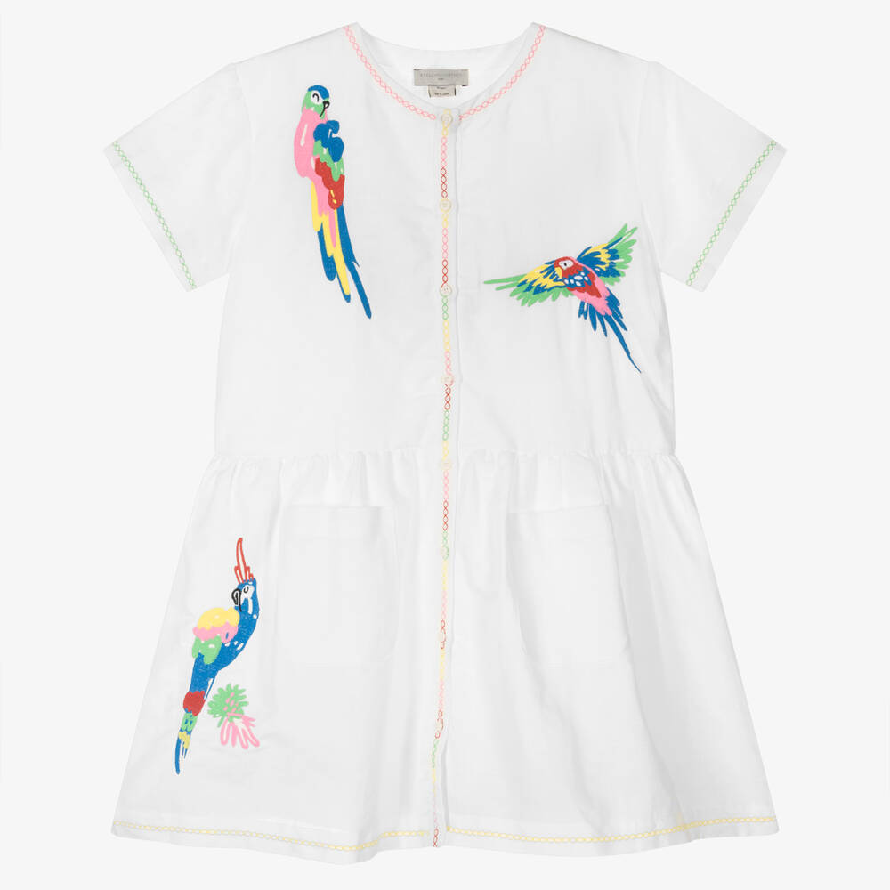 Stella McCartney Kids - Белое платье из хлопка и льна с попугаями | Childrensalon