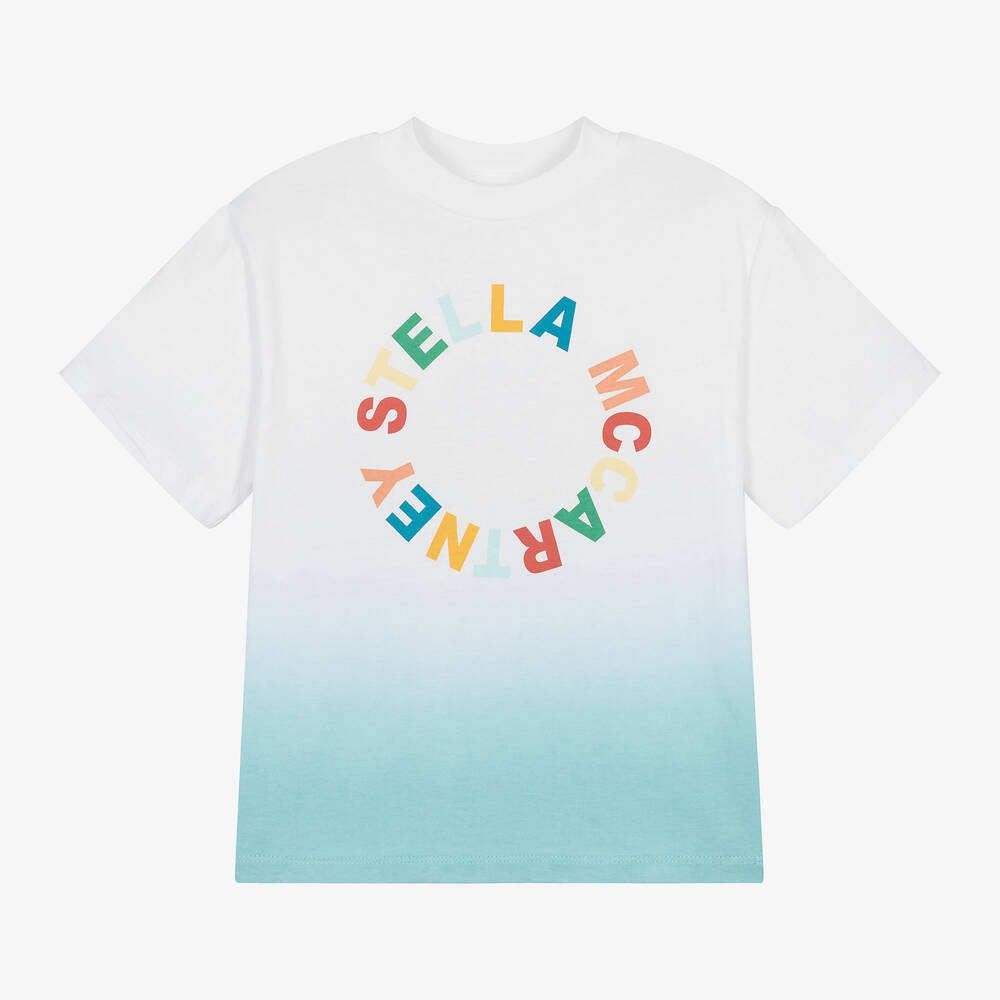 Stella McCartney Kids - Бело-голубая футболка из хлопка с градиентным эффектом | Childrensalon