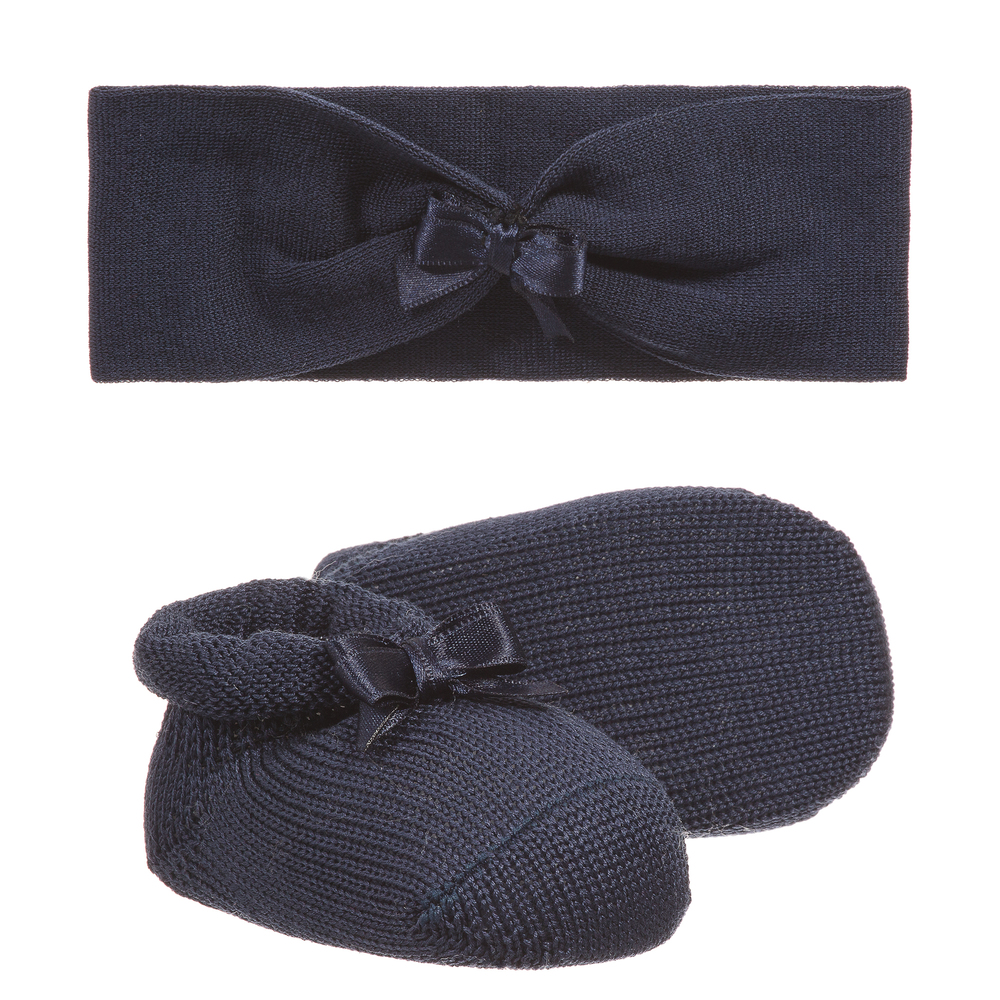 Story Loris - Coffret cadeau bandeau et chaussons bleu marine Bébé fille | Childrensalon