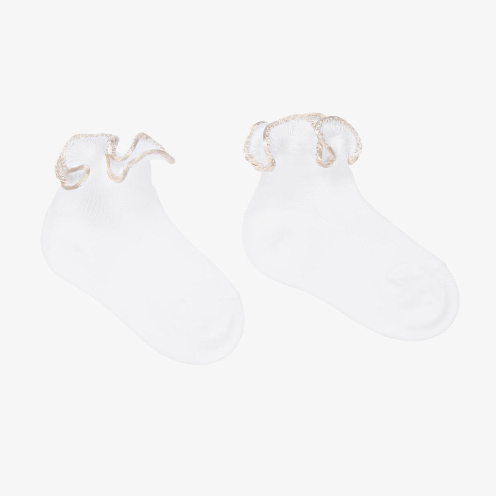 Story Loris - Baby Girls White & Ivory Ruffle Socks | Childrensalon