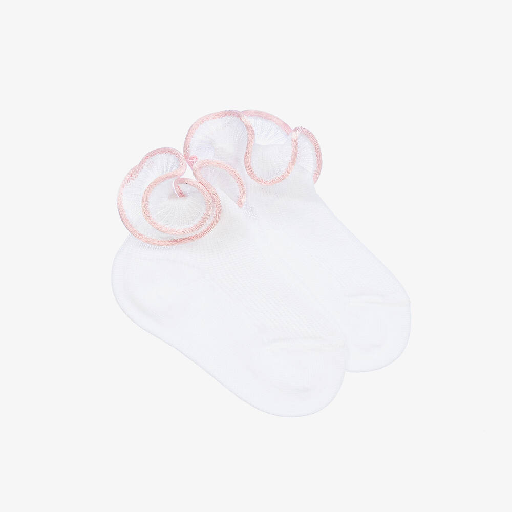Story Loris - Baby Girls White & Pink Ruffle Socks | Childrensalon