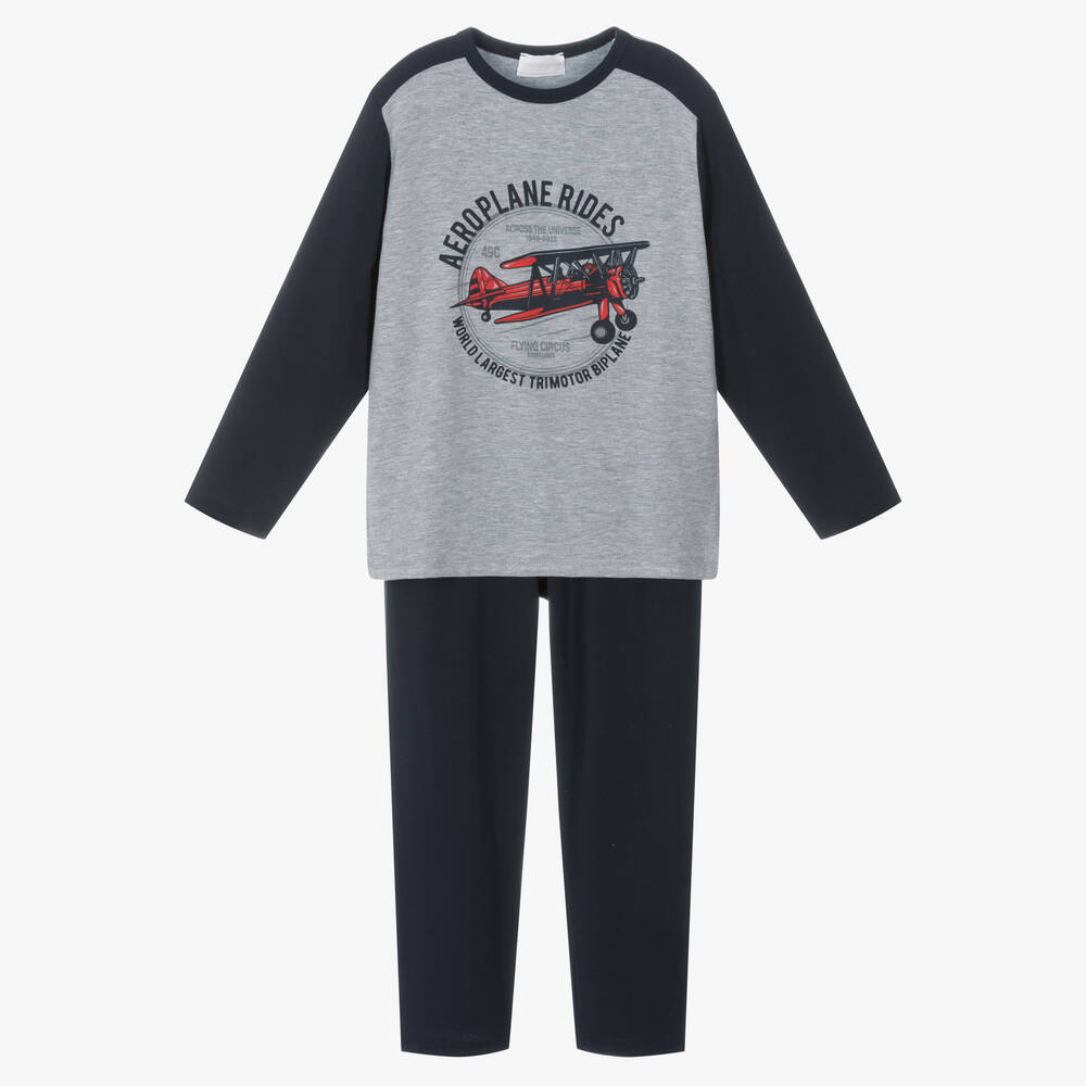 Story Loris - Boys Blue & Grey Modal Aeroplane Pyjamas | Childrensalon