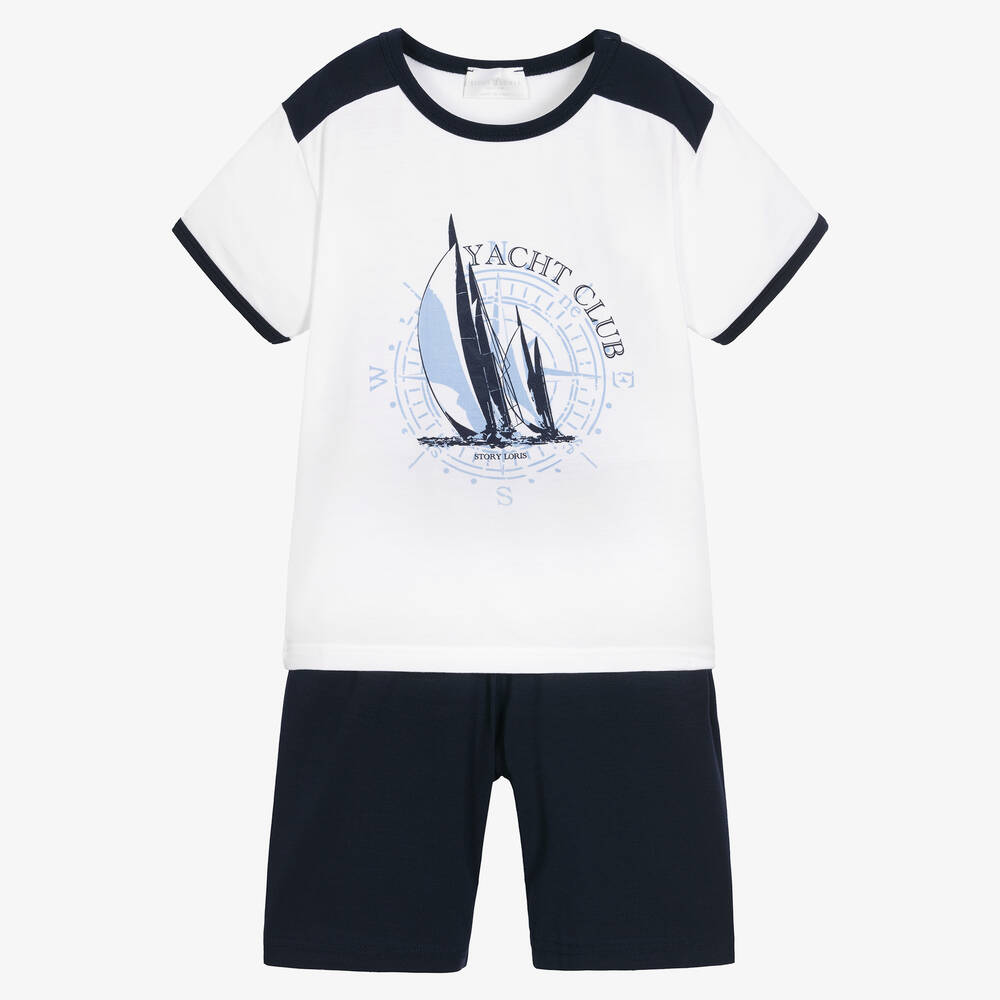 Story Loris - Boys Blue & White Yacht Short Pyjamas | Childrensalon