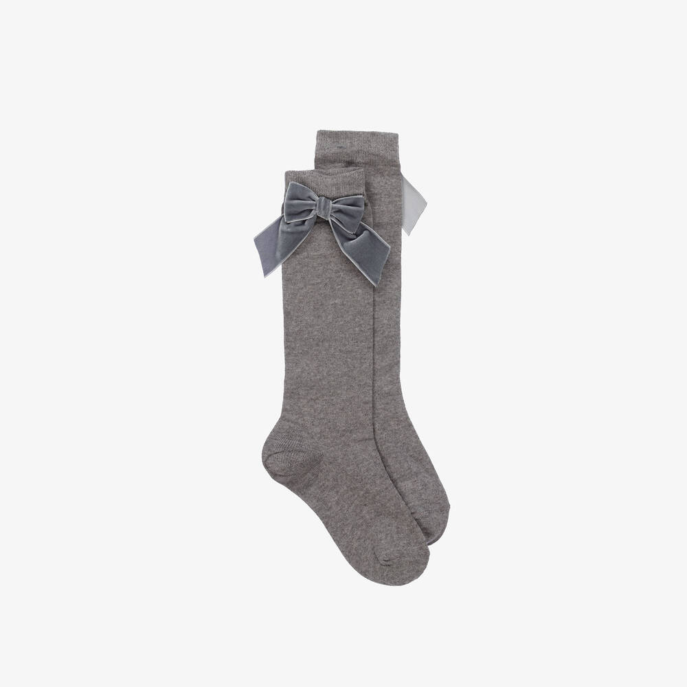 Story Loris - Girls Grey Cotton & Velvet Bow Socks | Childrensalon