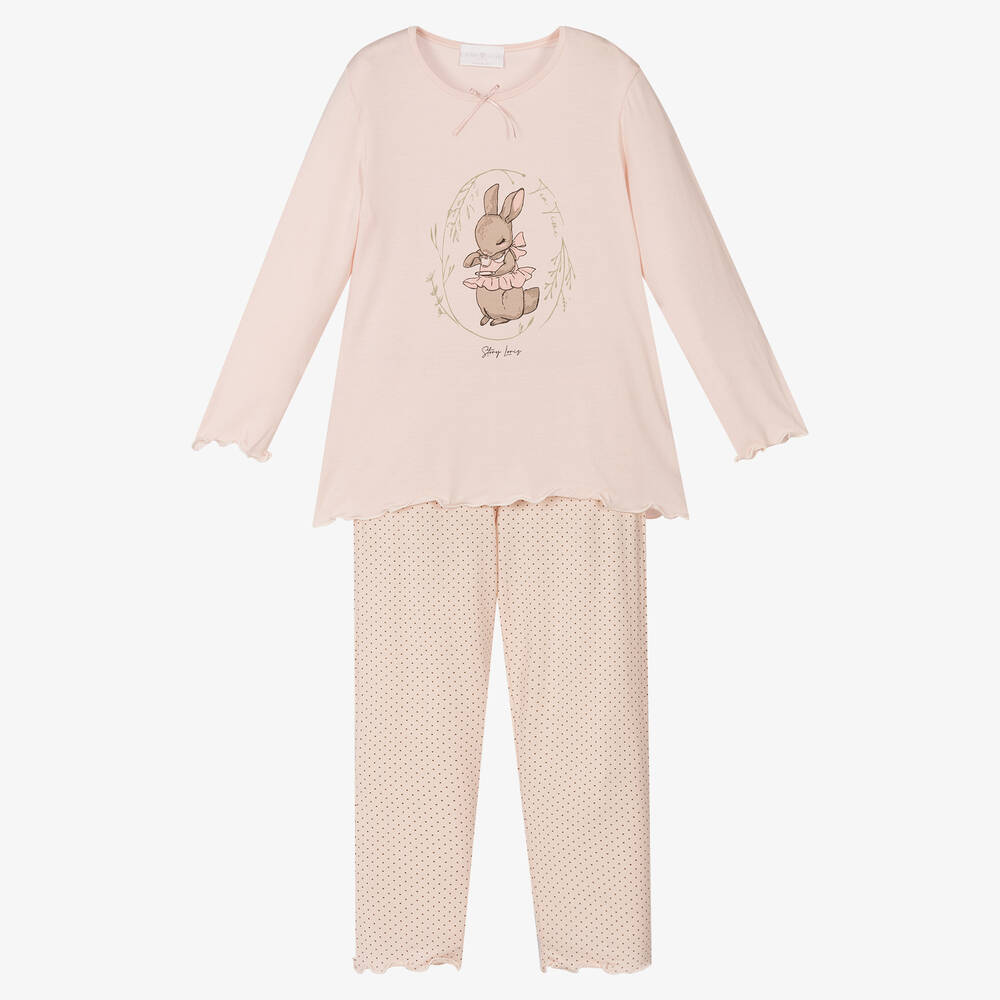 Story Loris - Pyjama rose en modal à pois motif lapin fille | Childrensalon