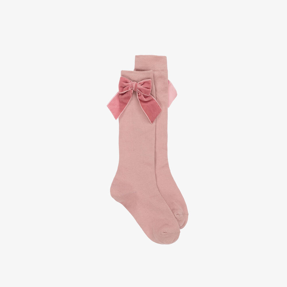 Story Loris - Girls Pink Cotton & Velvet Bow Socks | Childrensalon