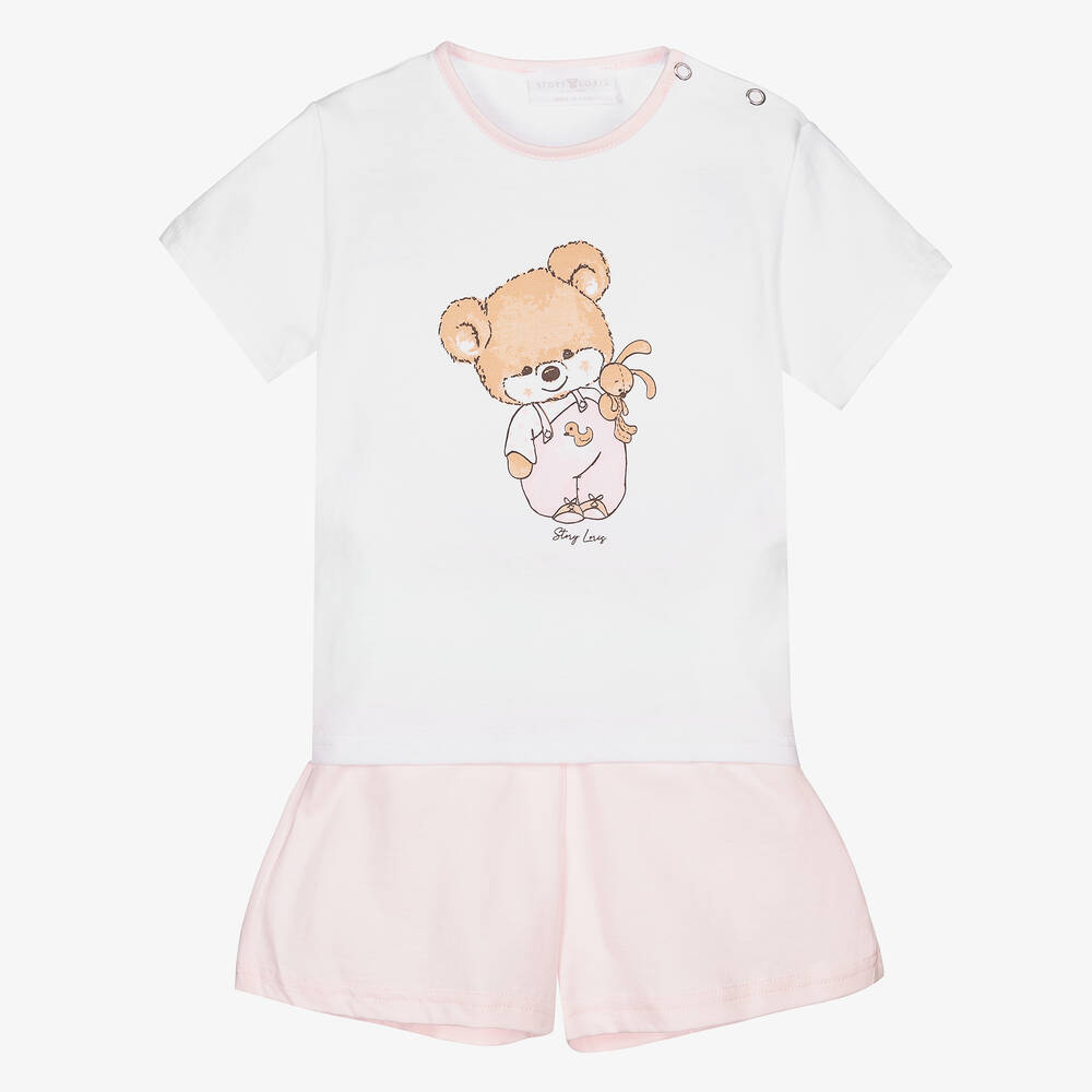 Story Loris - Pyjama short rose et blanc en coton fille | Childrensalon