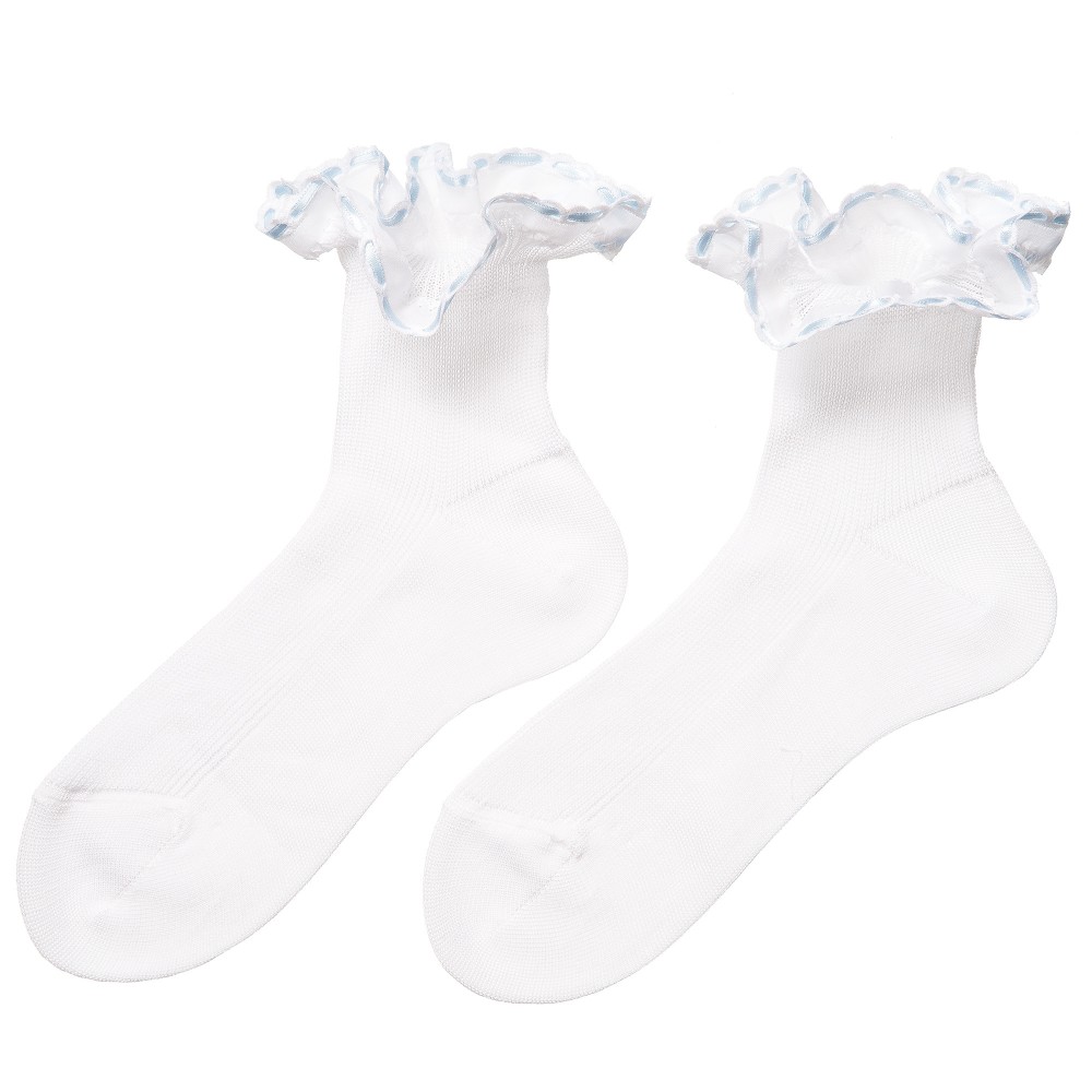 Story Loris - Girls White Cotton Socks with Pale Blue Ribbon Ruffles ...