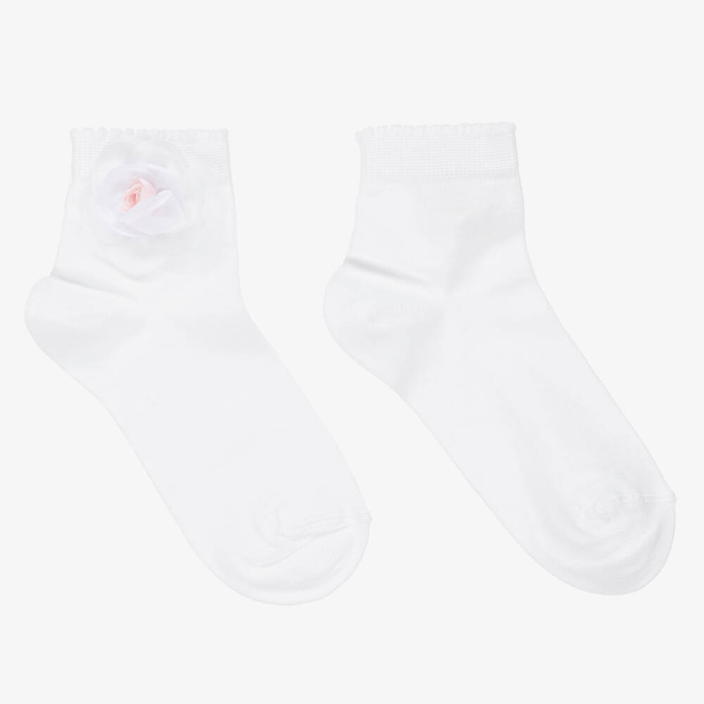 Story Loris - Girls White Flower Cotton Socks | Childrensalon