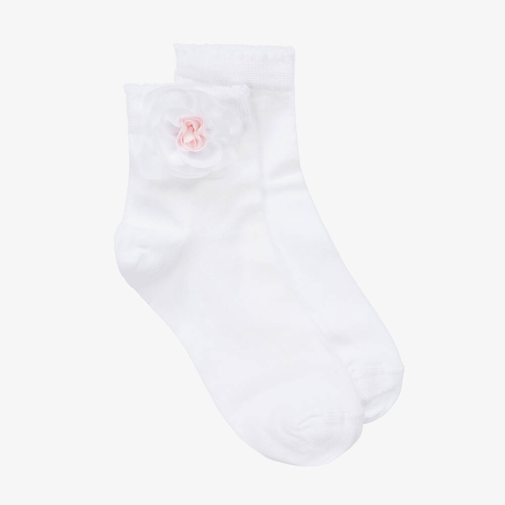 Story Loris - Girls White Flower Cotton Socks | Childrensalon