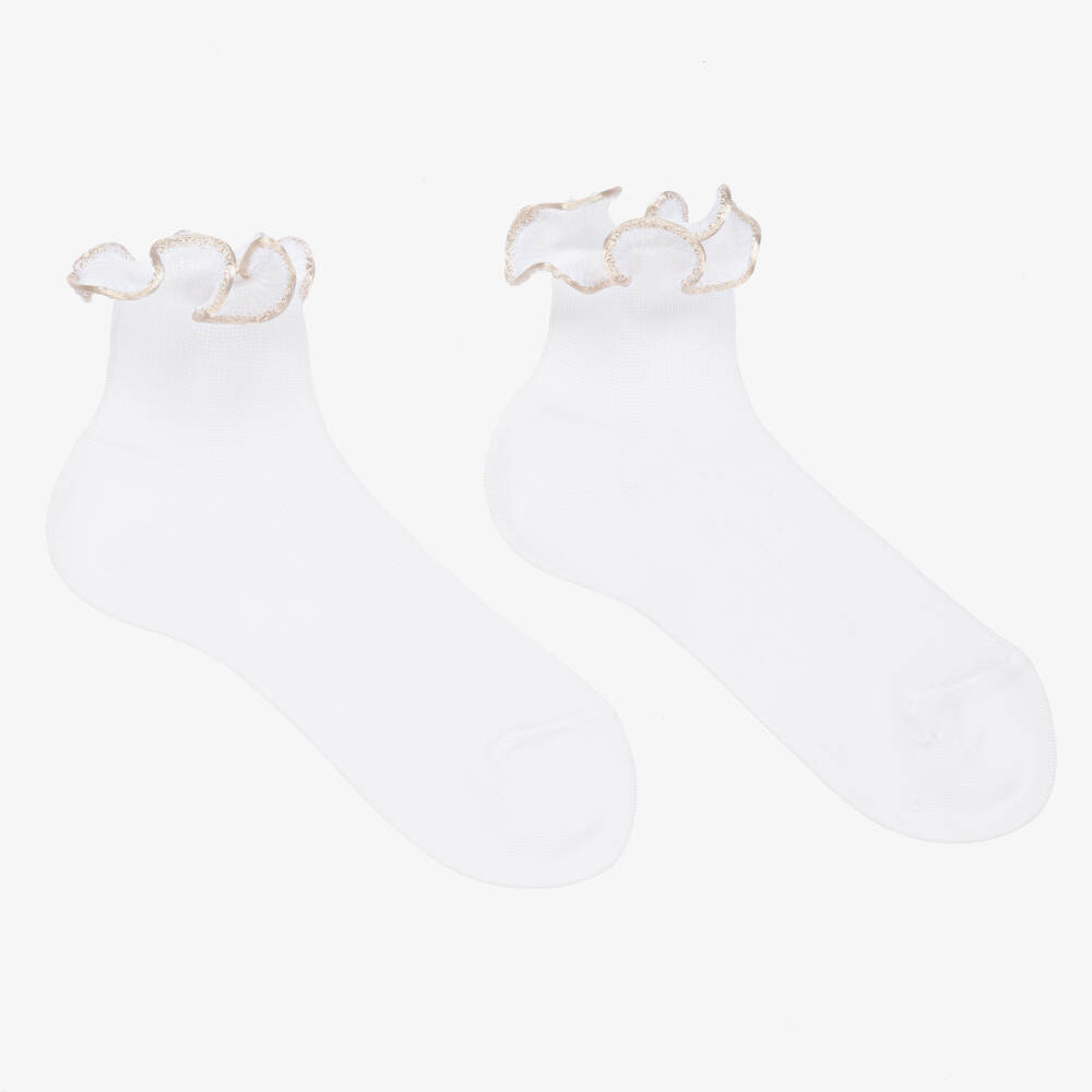 Story Loris - Girls White & Ivory Ruffle Socks | Childrensalon