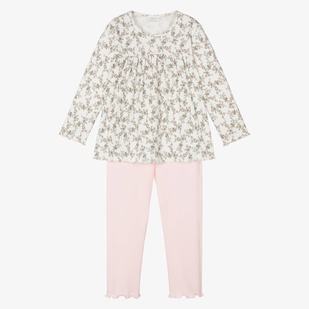 Story Loris - Girls White & Pink Cotton Pyjamas | Childrensalon