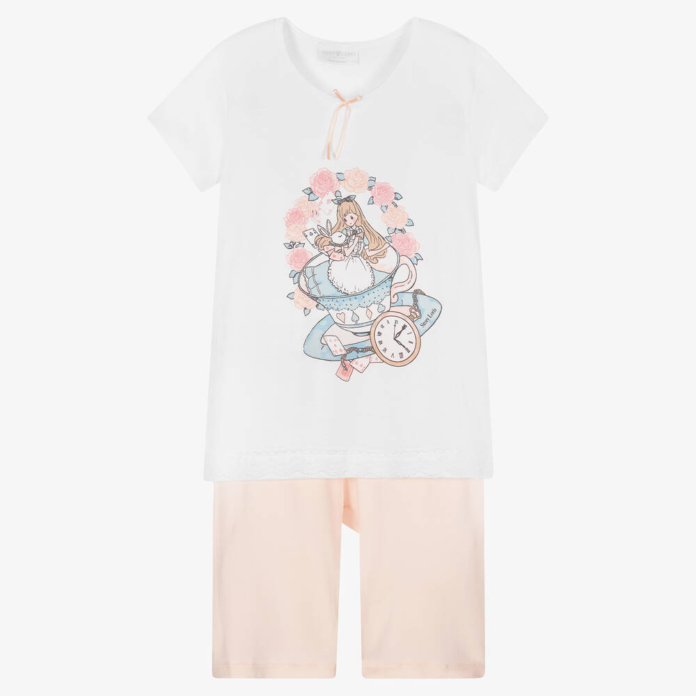 Story Loris - Girls White & Pink Modal Alice Pyjamas | Childrensalon