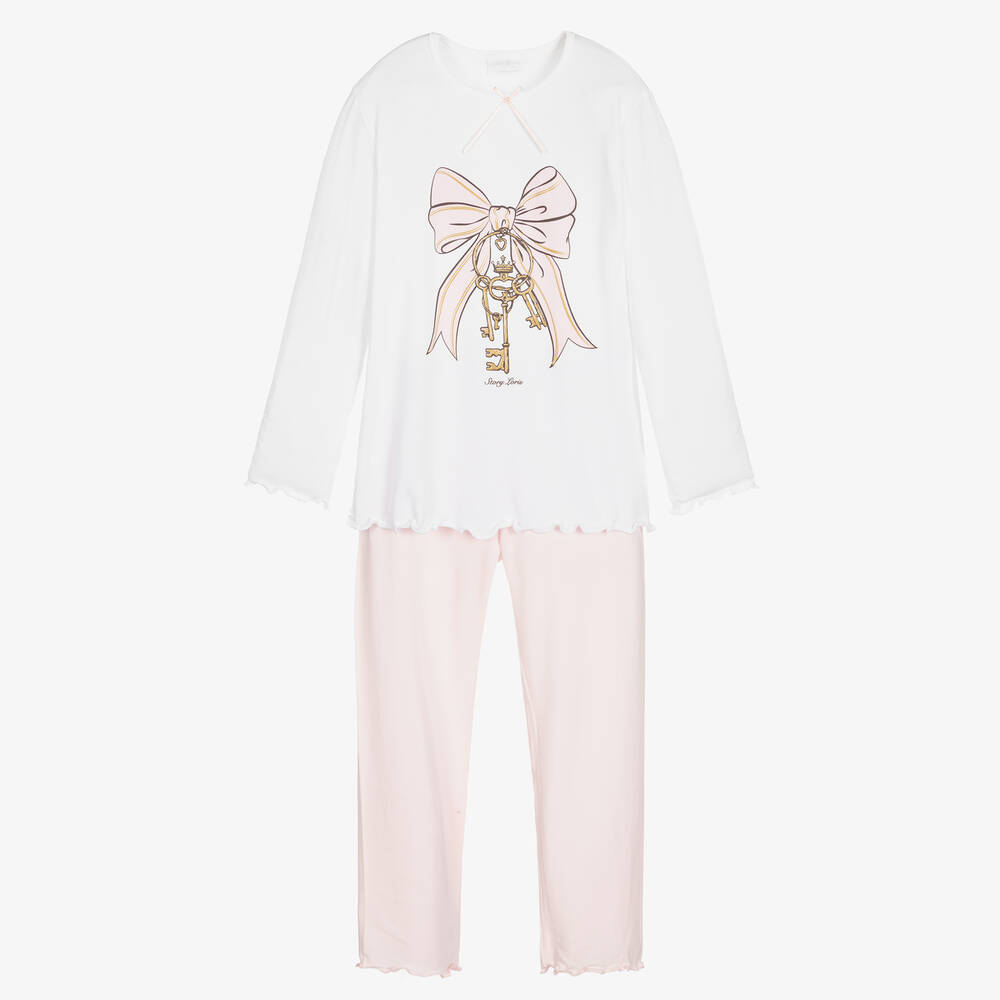 Story Loris - Girls White & Pink Modal Bow Pyjamas | Childrensalon