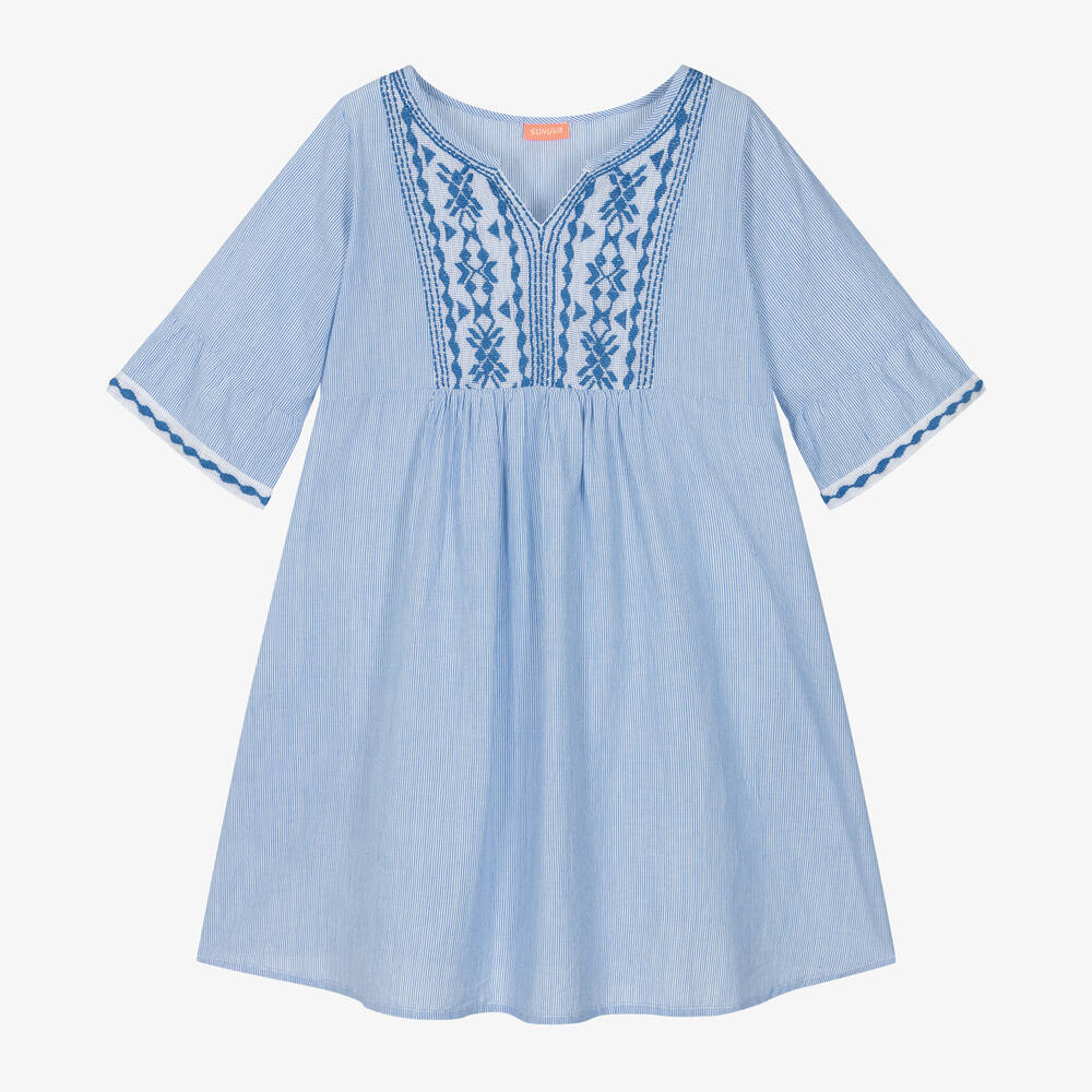 Sunuva - Girls Blue Cotton Pinstripe Dress | Childrensalon