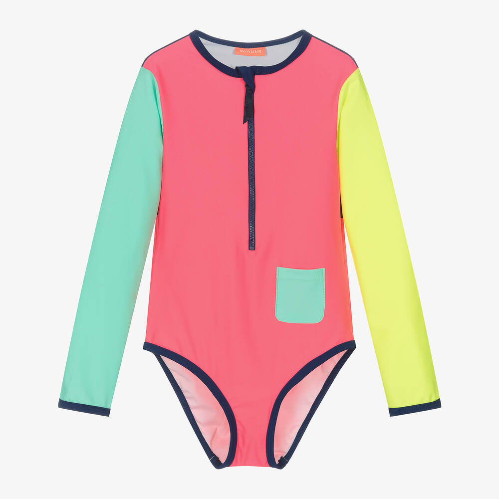 Sunuva - Girls Neon Pink Colourblock Swimsuit | Childrensalon