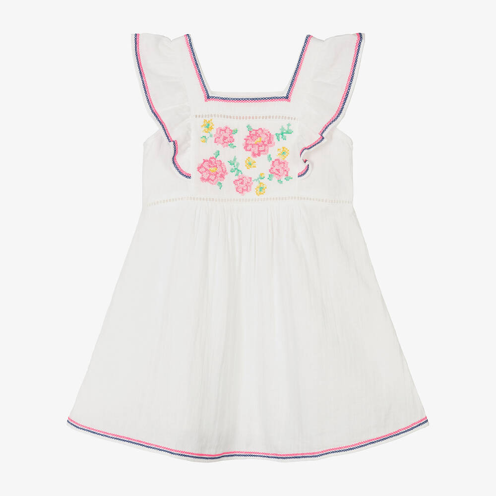 Sunuva - Girls White Cross Stitch Cotton Dress  | Childrensalon