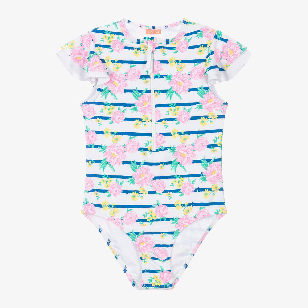 Sunuva - Girls White Stripe & Floral Zip-Up Swimsuit | Childrensalon