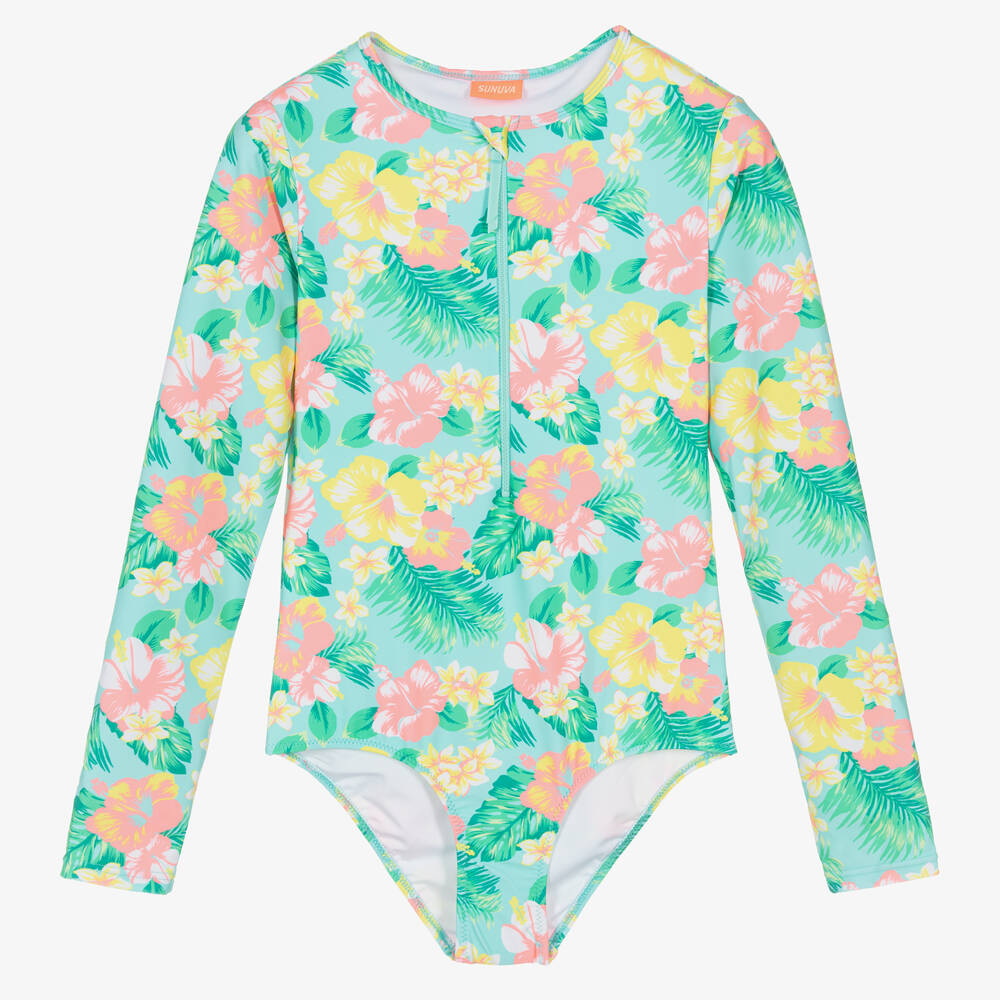 Sunuva - Teen Girls Green Floral Print Swimsuit | Childrensalon