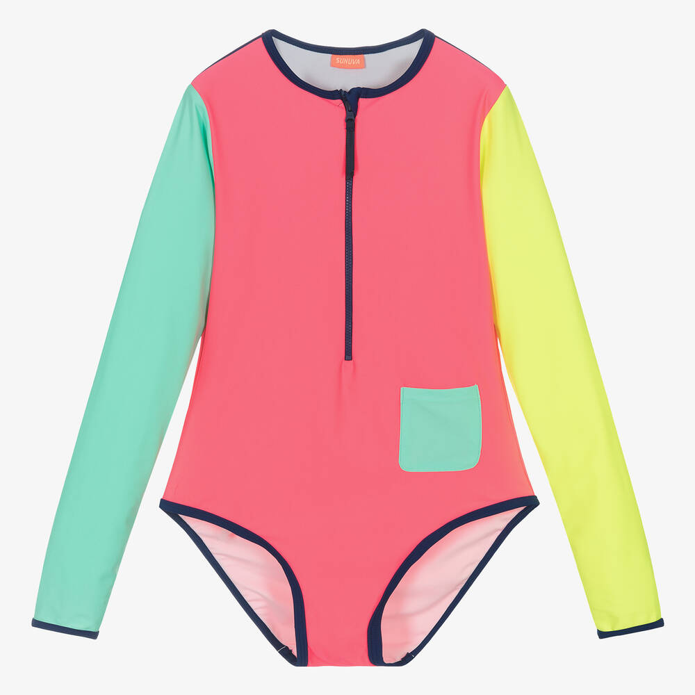 Sunuva Teen Girls Neon Pink Colourblock Swimsuit