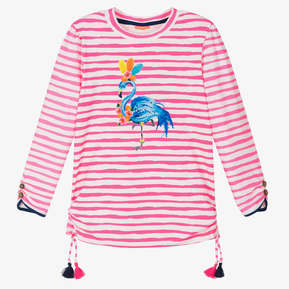 Sunuva - Teen Girls Pink Stripe Flamingo Swim Top  | Childrensalon