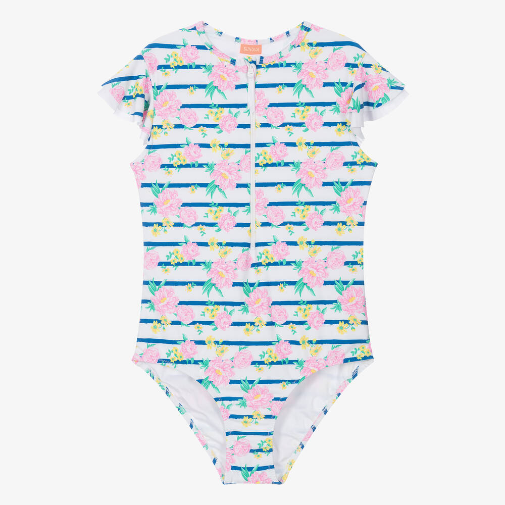Sunuva - Teen Girls White Stripe & Floral Zip-Up Swimsuit | Childrensalon