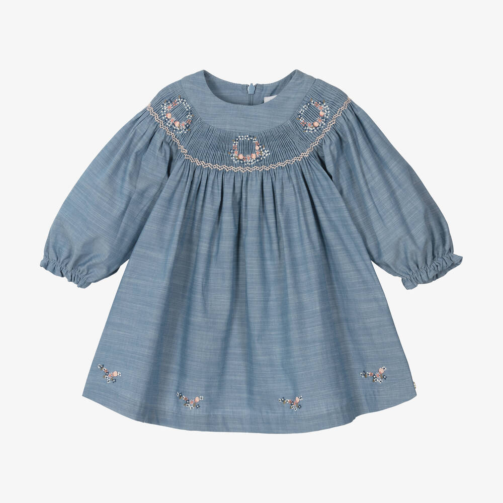 Tartine et Chocolat - Baby Girls Blue Embroidered Cotton Dress | Childrensalon
