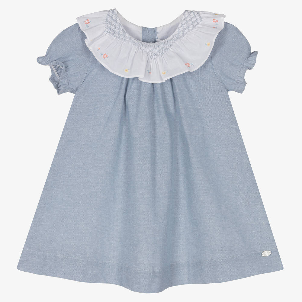 Tartine et Chocolat - Baby Girls Blue Smocked Collar Dress | Childrensalon