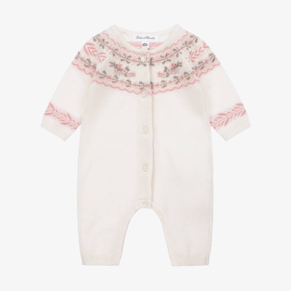 Tartine et Chocolat - Baby Girls Ivory Floral Wool & Cashmere Romper | Childrensalon