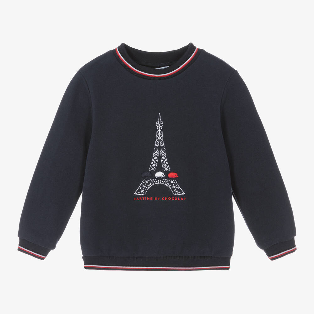 Tartine et Chocolat - Boys Blue Cotton Eiffel Tower Sweatshirt | Childrensalon