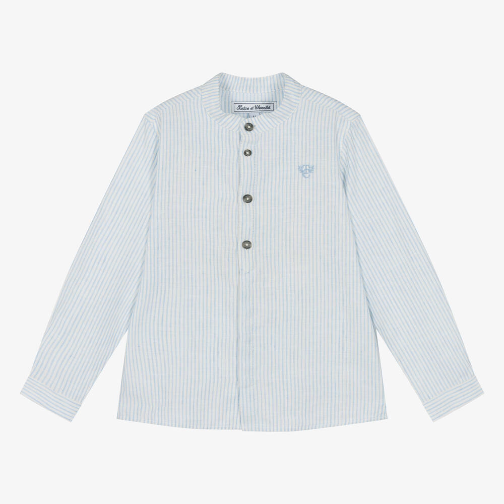 Tartine et Chocolat - Boys Blue Striped Cotton & Linen Shirt | Childrensalon