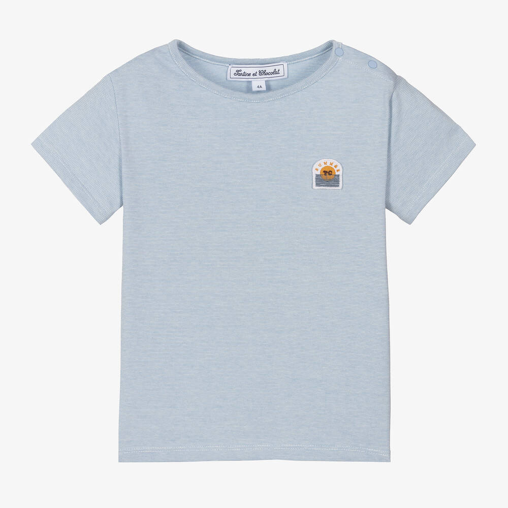 Tartine et Chocolat - Boys Blue Striped Cotton T-Shirt | Childrensalon