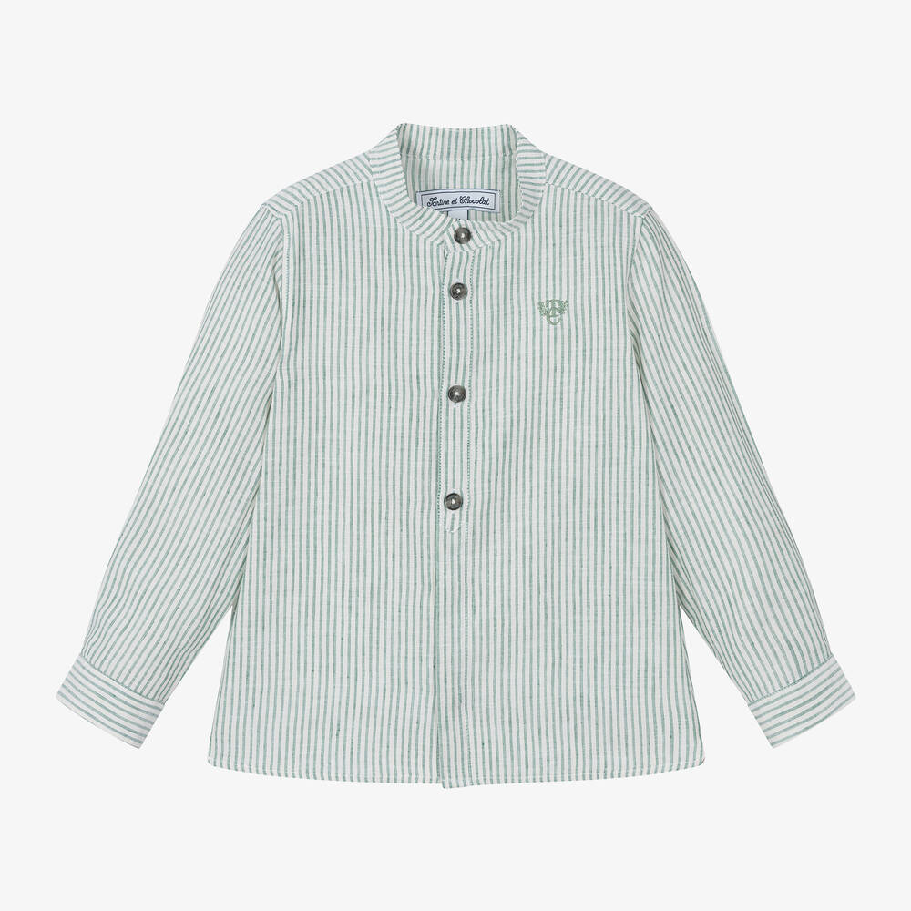 Tartine et Chocolat - Boys Green Striped Cotton & Linen Shirt | Childrensalon