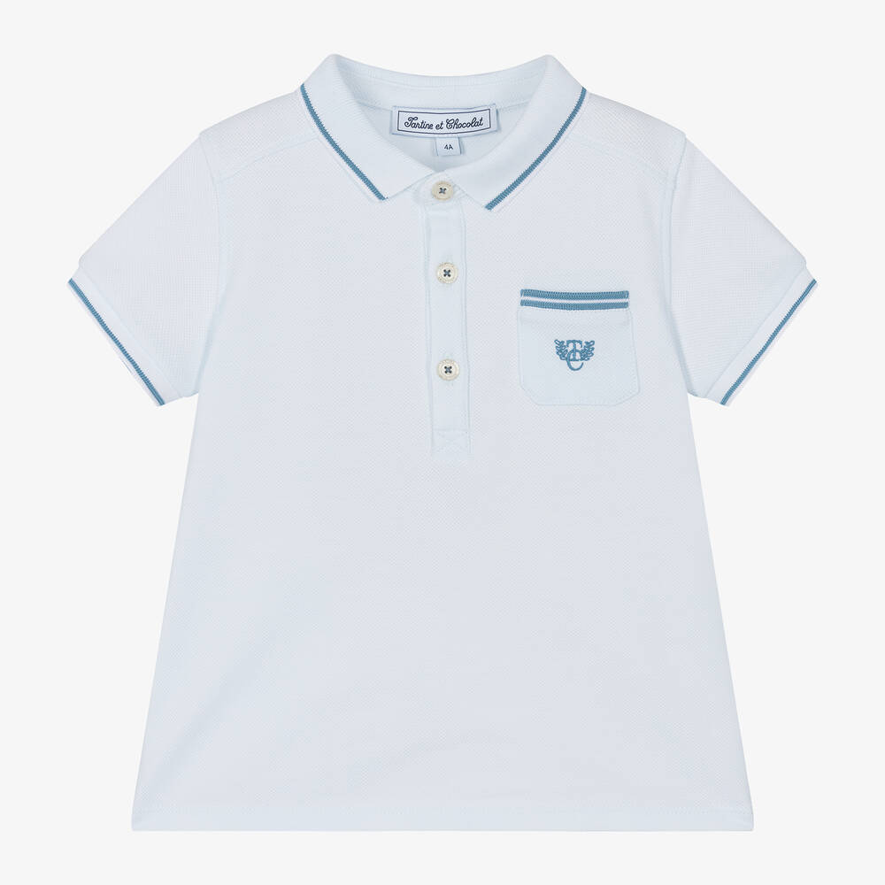 Tartine et Chocolat - Boys Pale Blue Cotton Piqué Polo Shirt | Childrensalon