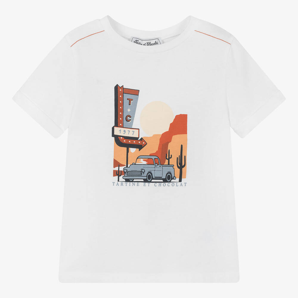 Tartine et Chocolat - Boys White Cotton Truck T-Shirt | Childrensalon