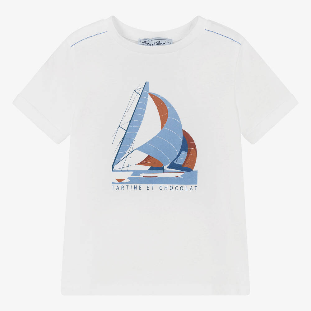 Tartine et Chocolat - Белая хлопковая футболка с парусником для мальчиков | Childrensalon