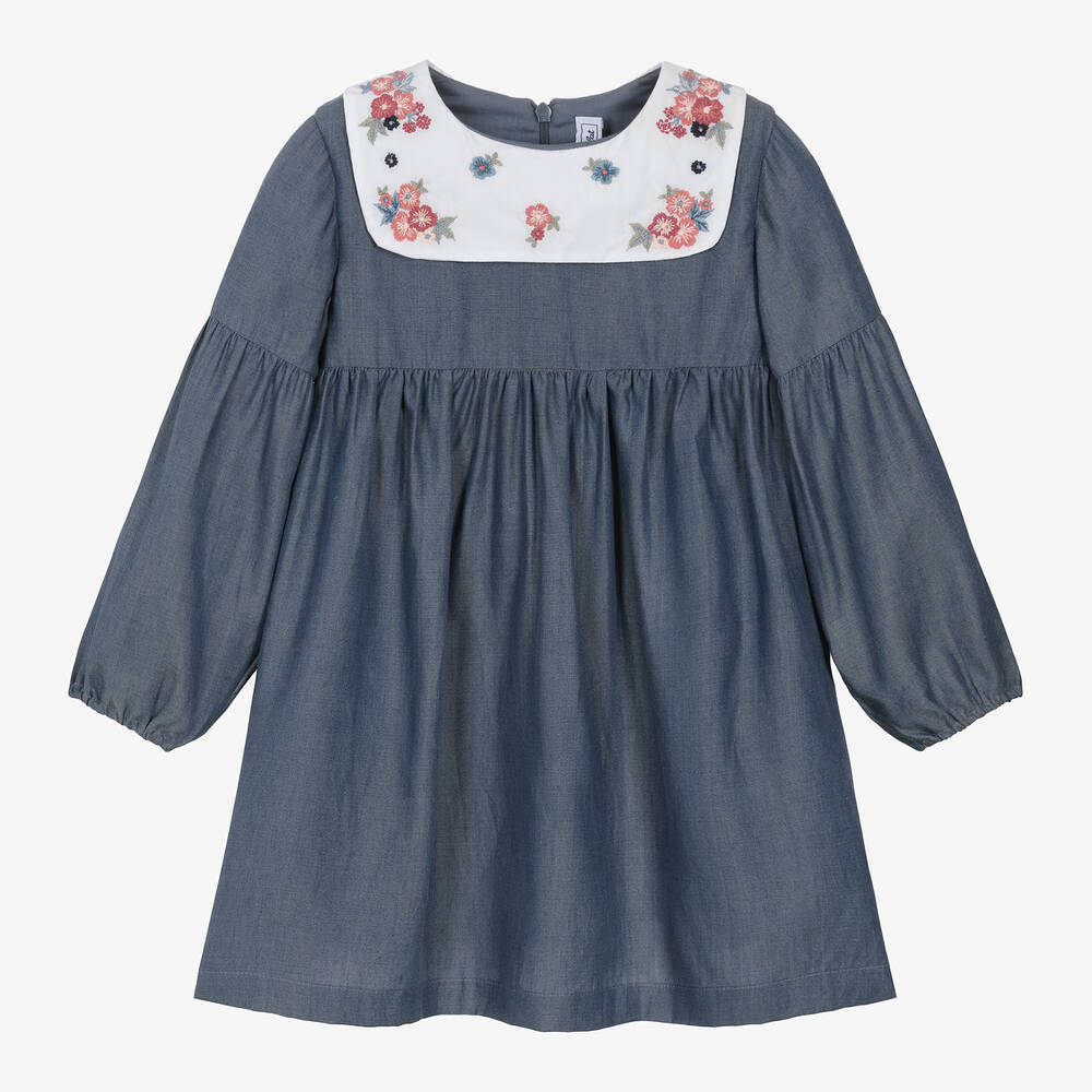 Tartine et Chocolat - Girls Blue Chambray Collared Dress | Childrensalon