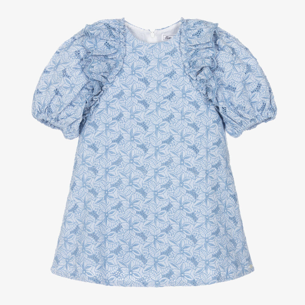 Tartine et Chocolat - Girls Blue Cotton Broderie Anglaise Dress | Childrensalon