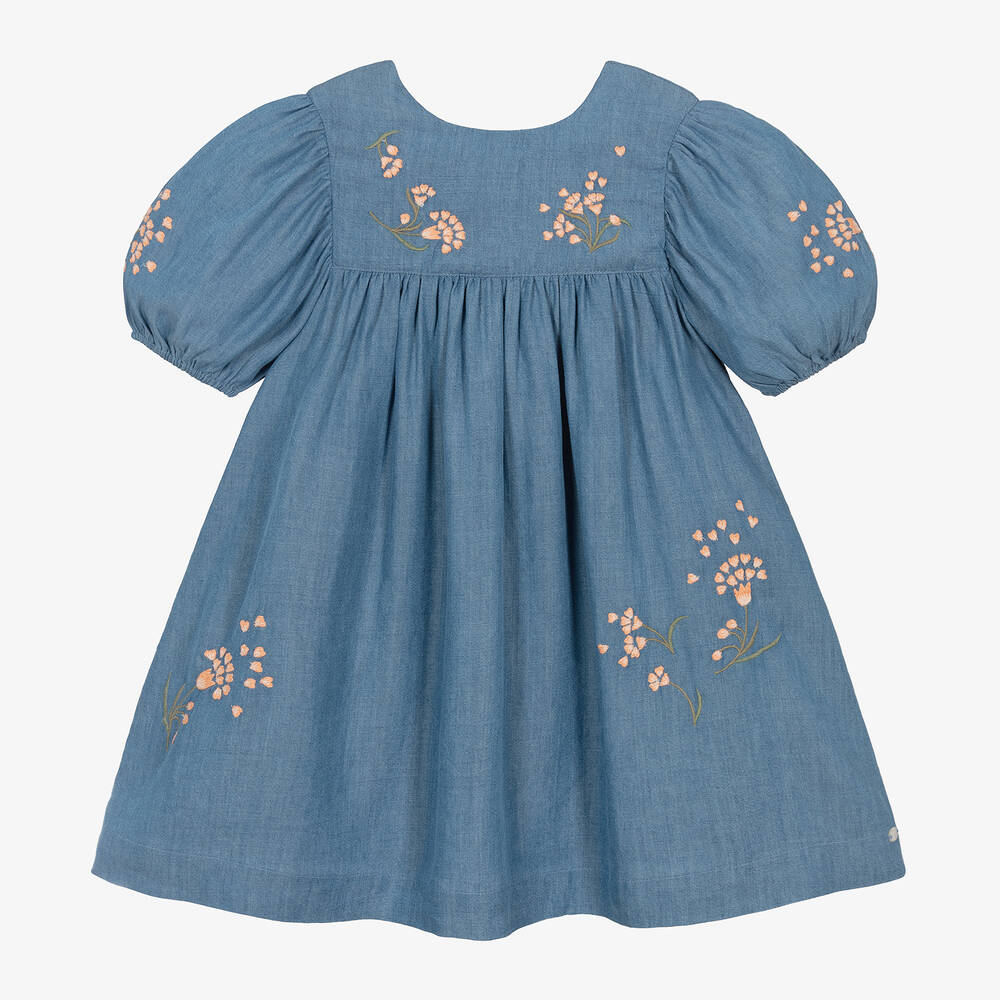 Shop Tartine Et Chocolat Girls Blue Embroidered Chambray Dress