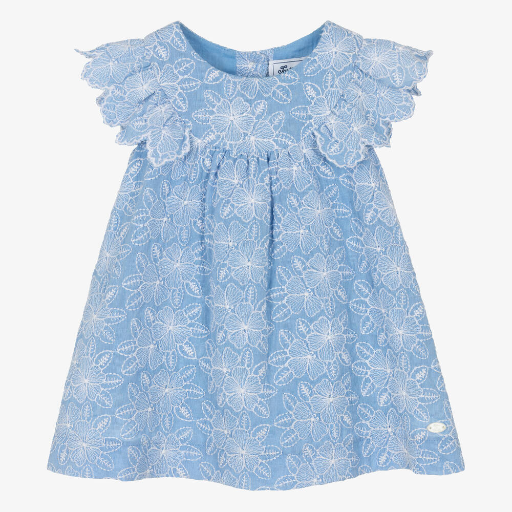 Tartine et Chocolat - Girls Blue Embroidered Floral Dress | Childrensalon
