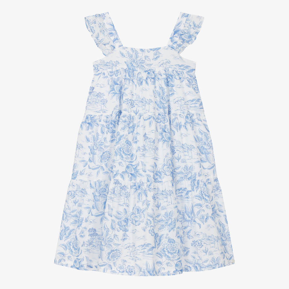 Tartine et Chocolat - Girls Blue Floral Cotton Liberty Dress | Childrensalon