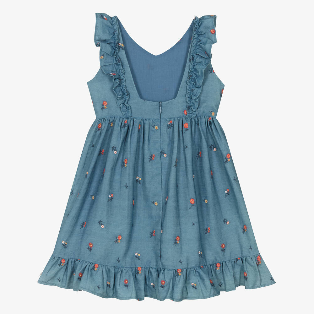 Tartine et Chocolat - Girls Blue Floral Embroidered Chambray Dress ...