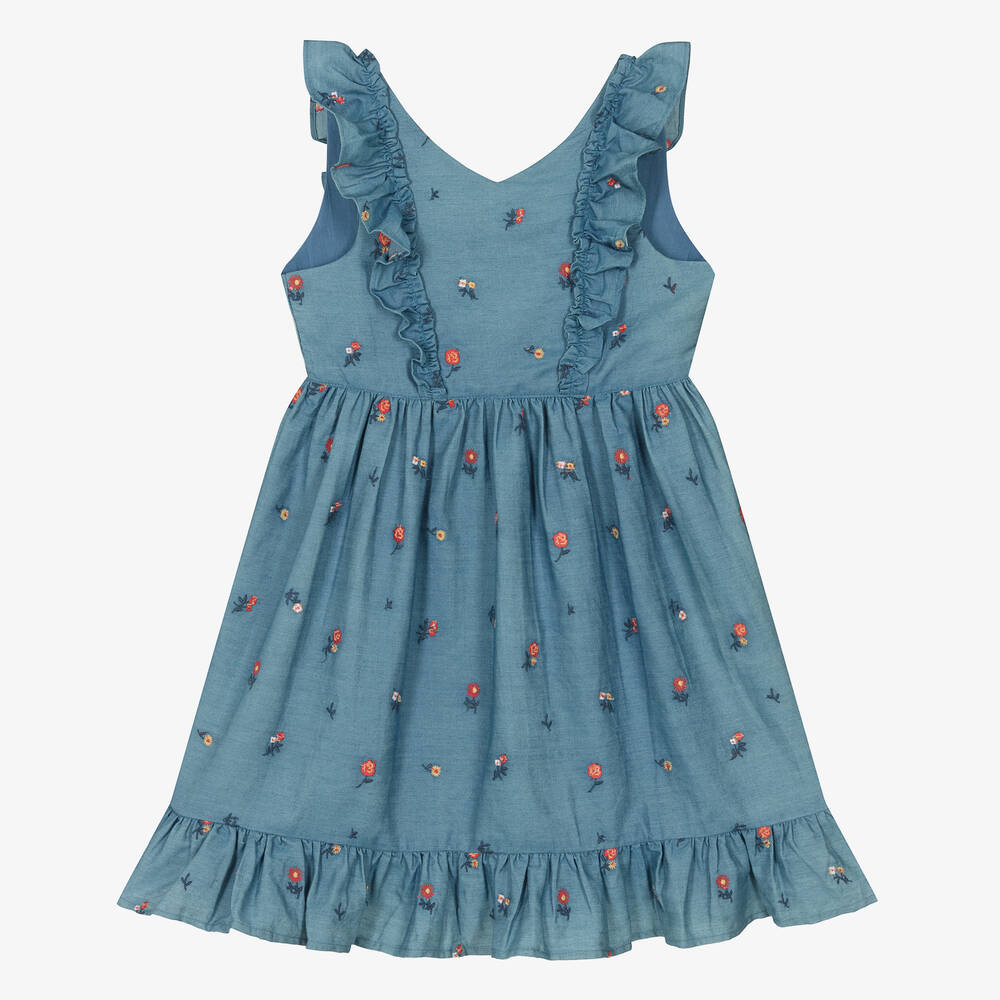 Tartine et Chocolat - Girls Blue Floral Embroidered Chambray Dress | Childrensalon