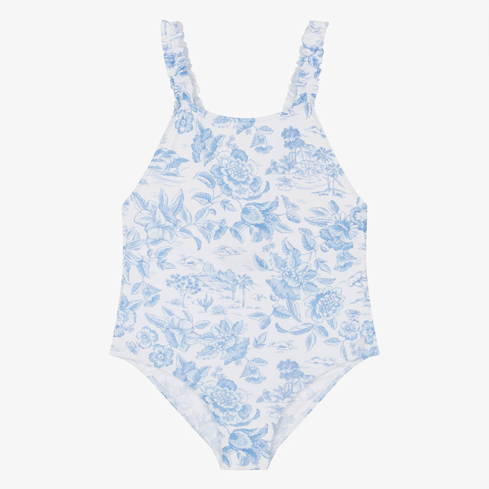 Tartine et Chocolat - Girls Blue Floral Liberty Print Swimsuit | Childrensalon